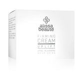 Cutie albă premium a produsului Firming Cream Alissa Beauté 50ml, linia UPLIFT. Inscripții vizibile: Lifting – Rejuvenating – Nourishing. Design minimalist argintiu pe fond alb, unghi trei sferturi. Cremă anti-îmbătrânire cu colagen vegan și factori de creștere.