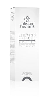 Cutia albă elegantă a produsului Firming Eye Gel Alissa Beauté 30ml, linia UPLIFT. Inscripții vizibile: Plumping – Rejuvenating – Firming. Ingrediente active: Hema'Tite, Hyalomatrix, Collalift®18, Biollagen. Fond alb, design minimalist premium.
