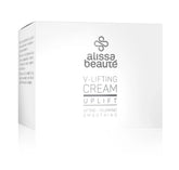 Cutie albă premium V-Lifting Cream Alissa Beauté 50ml, linia UPLIFT, unghi trei sferturi. Inscripții vizibile: Lifting – Plumping – Smoothing. Design minimalist argintiu pe fond alb. Cremă lifting intensă cu Centella Reversa și Biollagen colagen vegan pentru ten matur-uscat.