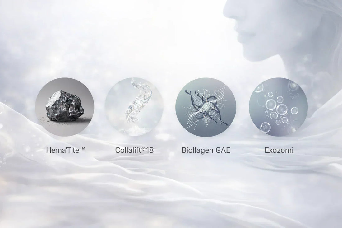 imagine cu cele 4 ingrediente active din gama uplift alissa beaute hematita, collalift 18, biollagen, exozomi
