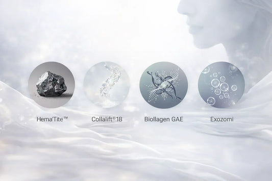 imagine cu cele 4 ingrediente active din gama uplift alissa beaute hematita, collalift 18, biollagen, exozomi