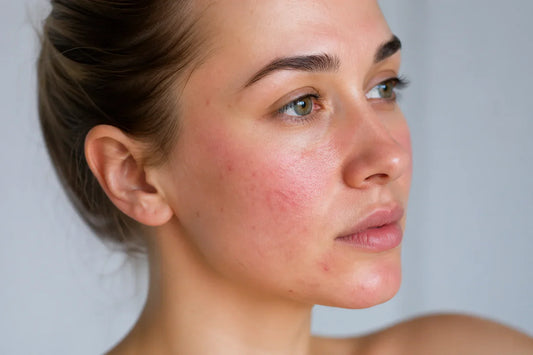 Femeie cu ten sensibil reactiv și roșeață pe obraji – simptome de cuperoza și rozacee cauzate de cosmetice nepotrivite