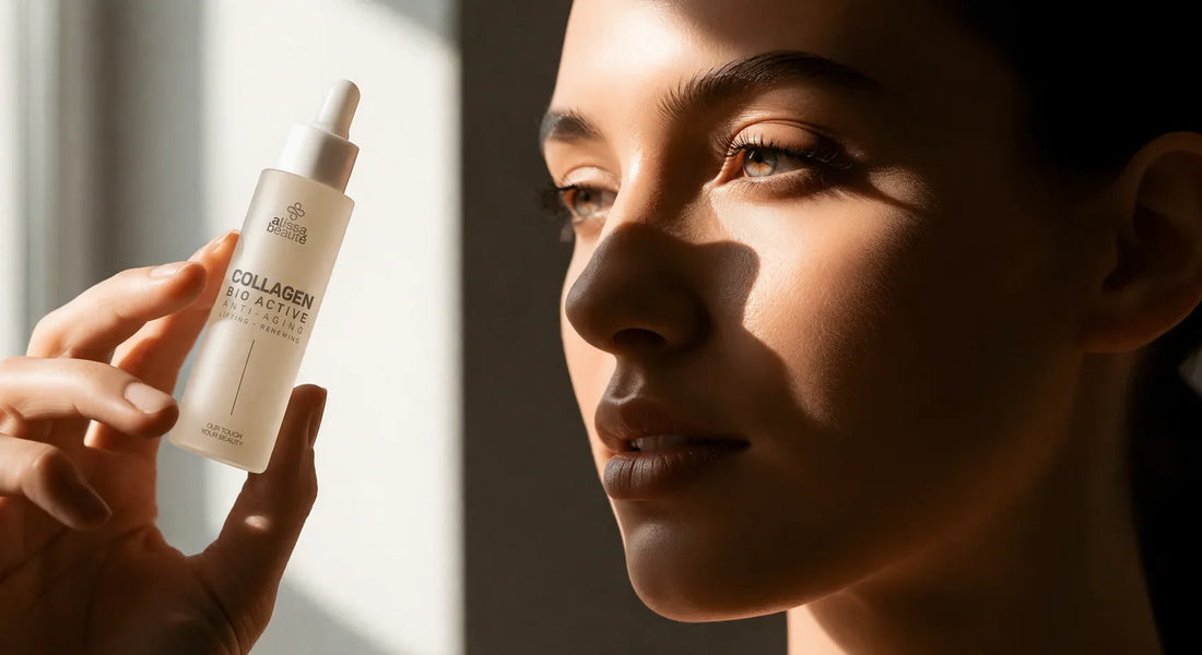 Femeie cu ten îngrijit ținând un flacon de ser cu colagen – cosmetice cu colagen pentru elasticitate și hidratare