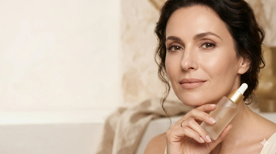 Femeie 50+ cu ten neted și efect blurring, ținând un ser Alissa Beauté UPLIFT, paletă sepia-auriu-crem