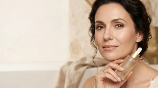 Femeie 50+ cu ten neted și efect blurring, ținând un ser Alissa Beauté UPLIFT, paletă sepia-auriu-crem