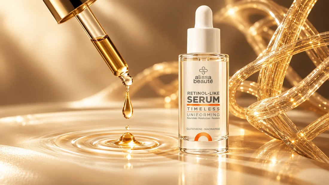 Picătură de ser auriu și fibre aurii împletite — ingrediente care stimulează colagenul