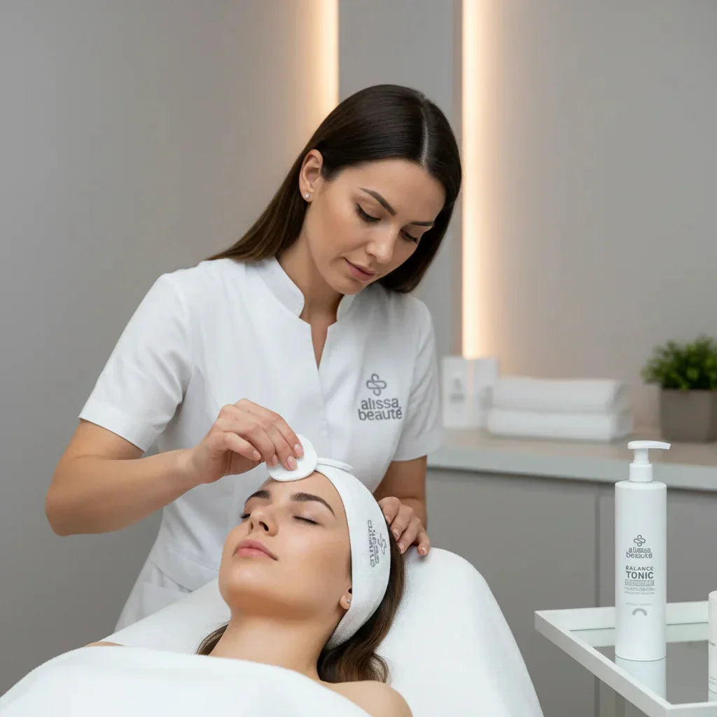 cosmetician aplicand un tratament alissa beaute pe fata clientei