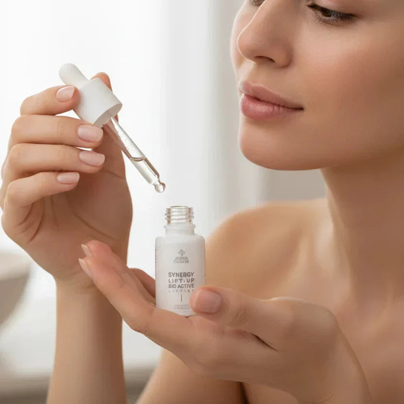Femeie aplicând ser cu pipetă în rutina zilnică de îngrijire a tenului – skincare pentru ten sănătos și echilibrat