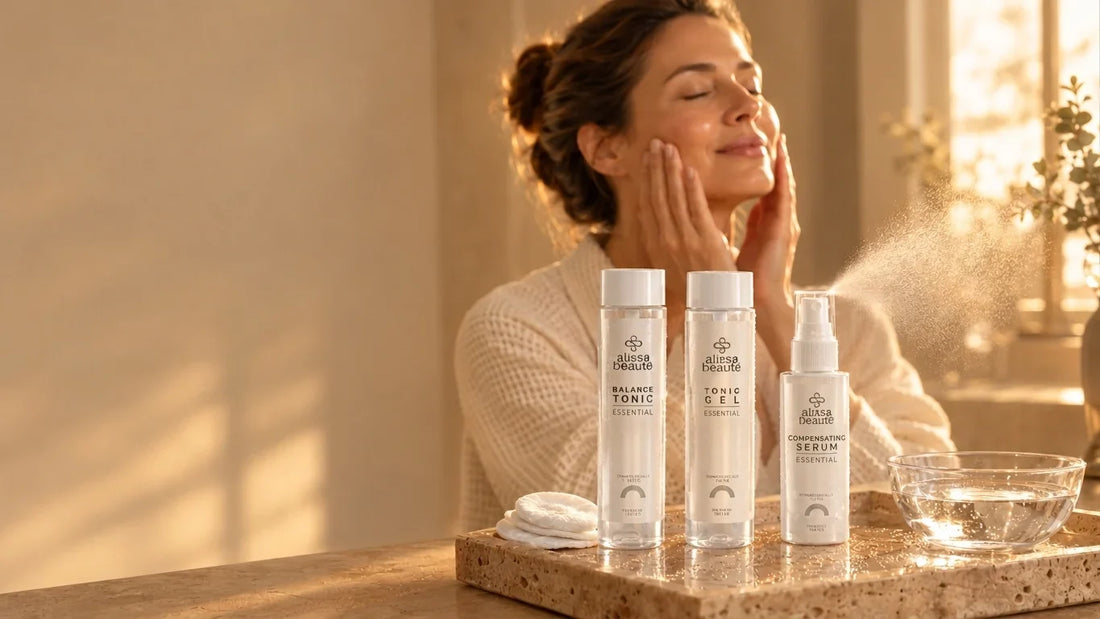 Femeie care își tamponează tenul după curățare, lângă Balance Tonic, Tonic Gel și Compensating Serum Alissa Beauté
