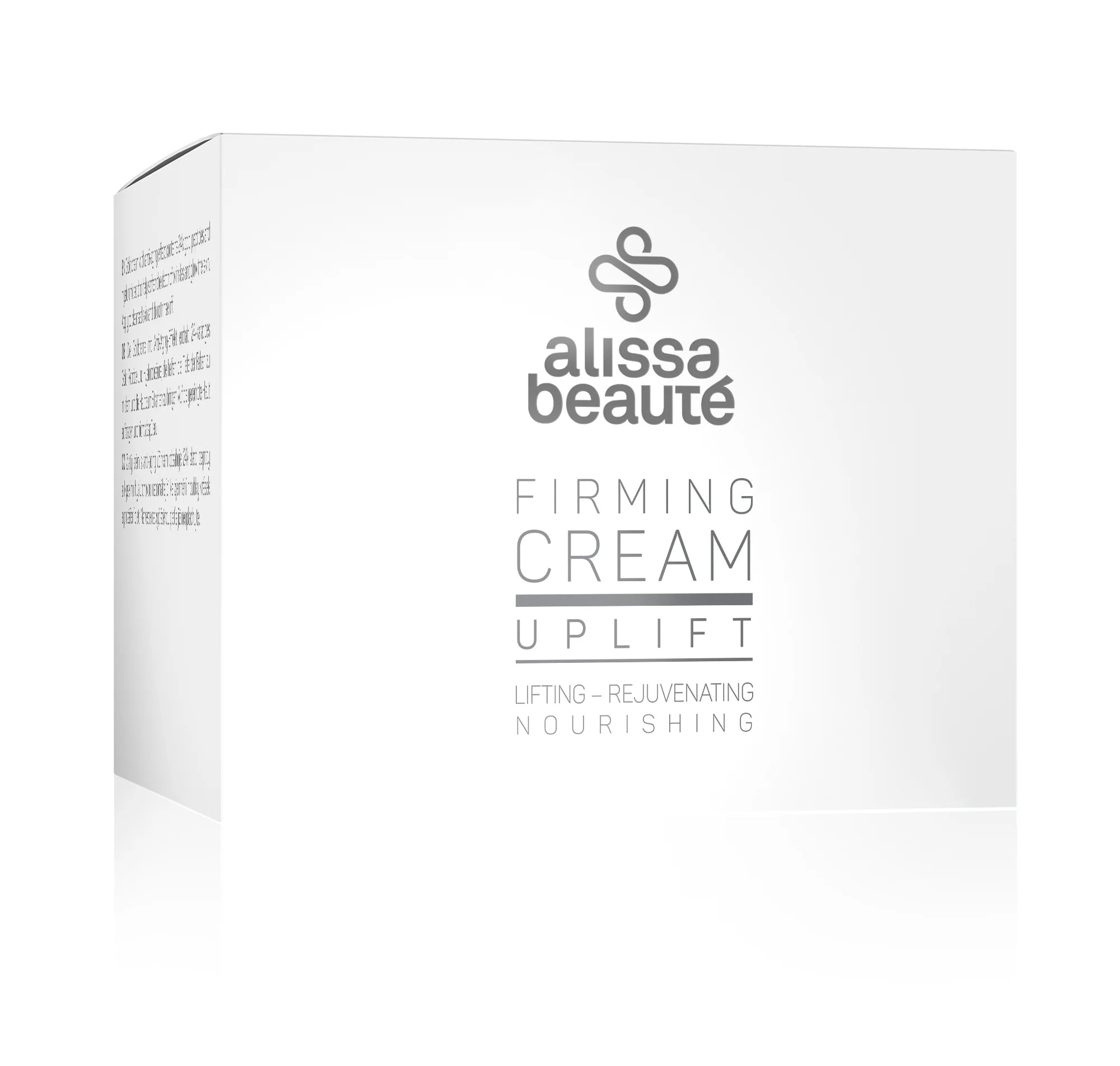 Cutie albă premium a produsului Firming Cream Alissa Beauté 50ml, linia UPLIFT. Inscripții vizibile: Lifting – Rejuvenating – Nourishing. Design minimalist argintiu pe fond alb, unghi trei sferturi. Cremă anti-îmbătrânire cu colagen vegan și factori de creștere.