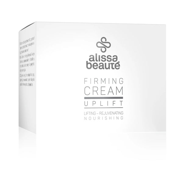 Cutie albă premium a produsului Firming Cream Alissa Beauté 50ml, linia UPLIFT. Inscripții vizibile: Lifting – Rejuvenating – Nourishing. Design minimalist argintiu pe fond alb, unghi trei sferturi. Cremă anti-îmbătrânire cu colagen vegan și factori de creștere.