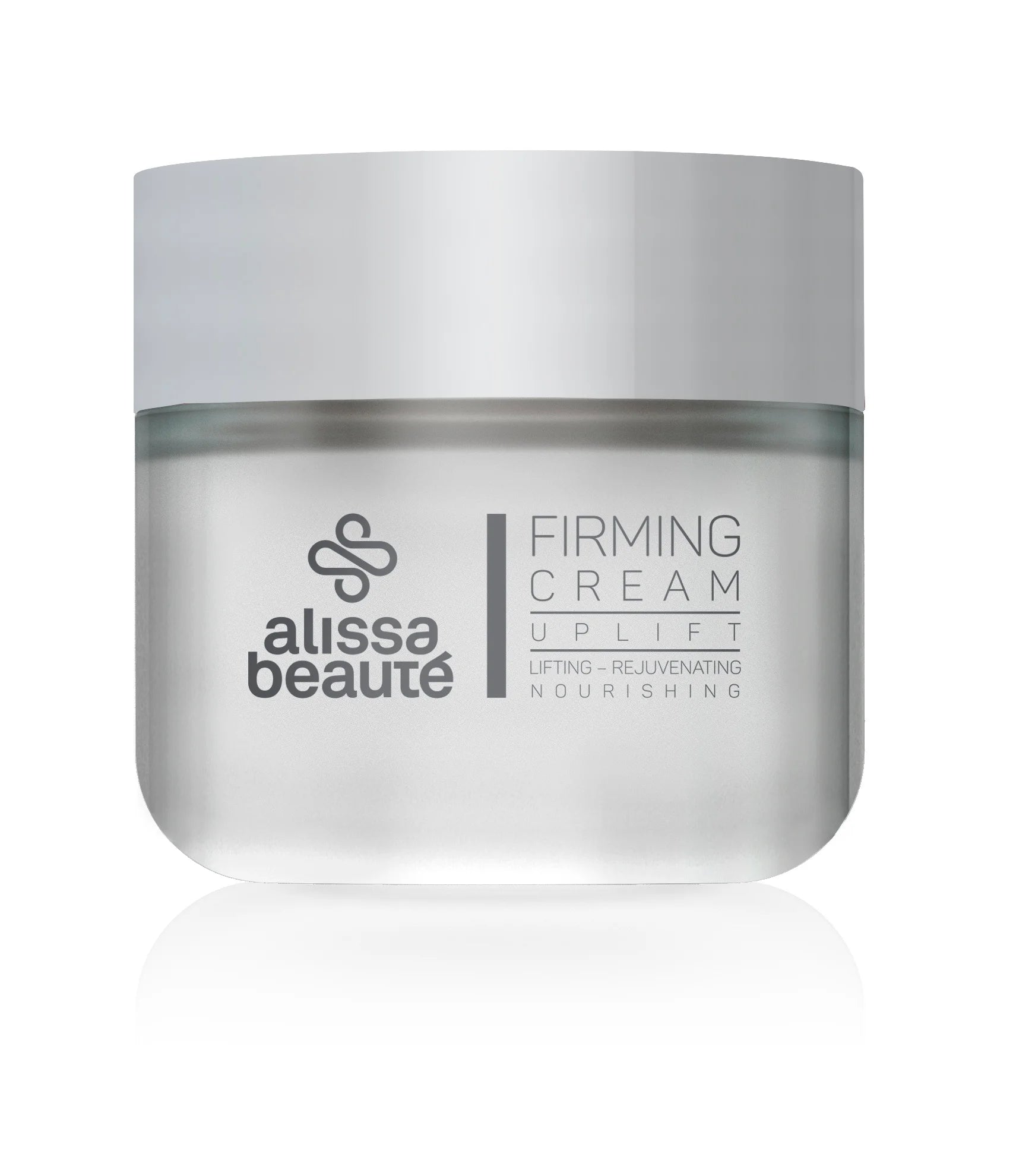 Borcan rotund Firming Cream Alissa Beauté 50ml cu capac argintiu mat, fond alb cu reflexie. Inscripții vizibile: Lifting – Rejuvenating – Nourishing, linia UPLIFT. Ambalaj premium din sticlă mată cu logo Alissa Beauté gravat.