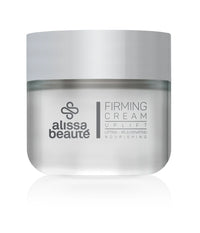 Borcan rotund Firming Cream Alissa Beauté 50ml cu capac argintiu mat, fond alb cu reflexie. Inscripții vizibile: Lifting – Rejuvenating – Nourishing, linia UPLIFT. Ambalaj premium din sticlă mată cu logo Alissa Beauté gravat.