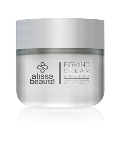 Borcan rotund Firming Cream Alissa Beauté 50ml cu capac argintiu mat, fond alb cu reflexie. Inscripții vizibile: Lifting – Rejuvenating – Nourishing, linia UPLIFT. Ambalaj premium din sticlă mată cu logo Alissa Beauté gravat.