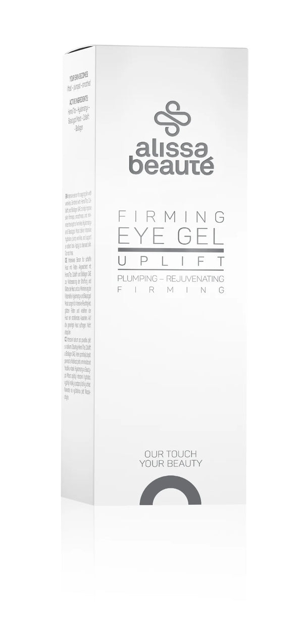 Cutia albă elegantă a produsului Firming Eye Gel Alissa Beauté 30ml, linia UPLIFT. Inscripții vizibile: Plumping – Rejuvenating – Firming. Ingrediente active: Hema'Tite, Hyalomatrix, Collalift®18, Biollagen. Fond alb, design minimalist premium.
