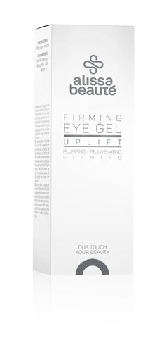 Cutia albă elegantă a produsului Firming Eye Gel Alissa Beauté 30ml, linia UPLIFT. Inscripții vizibile: Plumping – Rejuvenating – Firming. Ingrediente active: Hema'Tite, Hyalomatrix, Collalift®18, Biollagen. Fond alb, design minimalist premium.