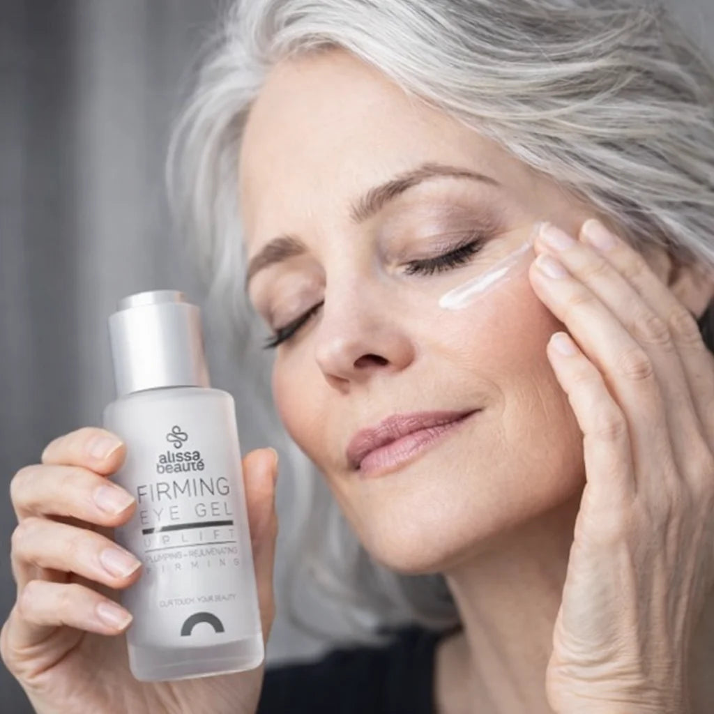 Femeie elegantă cu păr argintiu aplicând Firming Eye Gel Alissa Beauté pe zona conturului ochilor cu inelarul, flacon alb vizibil în mână. Gel anti-rid cu Hema'Tite retinol-like și Collalift®18, reduce laba gâștii și fermitate periorbital, linia UPLIFT.