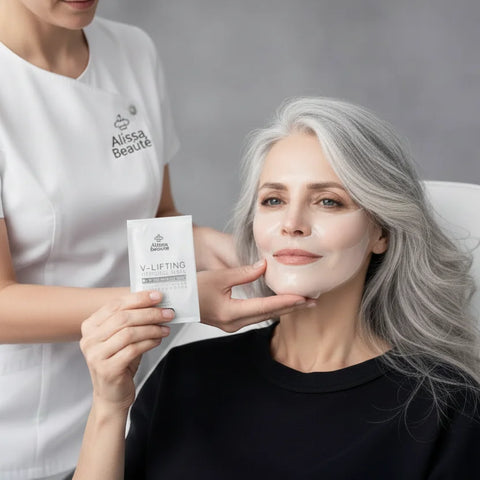 Cosmetician aplicând masca hidrogel V-Lifting de la Alissa Beauté pe fața unei cliente ținând pachetul produsului A249. Efect de lifting facial vizibil, linia UPLIFT anti-îmbătrânire.