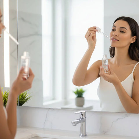 Femeia aplicand Ser anti-aging cu efect retinol-like, Revinage®, acid hialuronic și platină. Reduce ridurile, uniformizează tenul și este potrivit pielii sensibile - Alissa Beaute