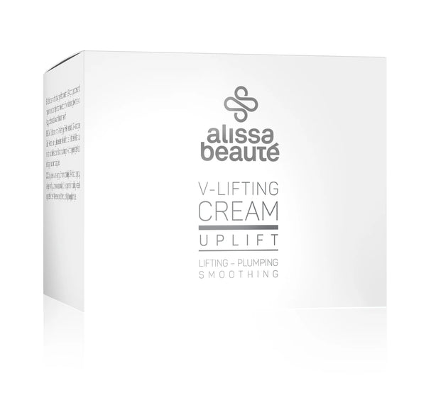 Cutie albă premium V-Lifting Cream Alissa Beauté 50ml, linia UPLIFT, unghi trei sferturi. Inscripții vizibile: Lifting – Plumping – Smoothing. Design minimalist argintiu pe fond alb. Cremă lifting intensă cu Centella Reversa și Biollagen colagen vegan pentru ten matur-uscat.