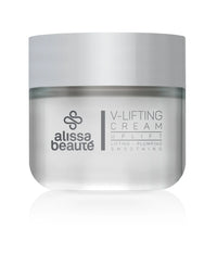 Borcan rotund V-Lifting Cream Alissa Beauté 50ml cu capac argintiu mat pe fond alb cu reflexie. Inscripții vizibile: Lifting – Plumping – Smoothing, linia UPLIFT. Ambalaj premium din sticlă mată cu logo Alissa Beauté gravat. Cremă cu Centella Reversa, Trehalose și Biollagen pentru ten lăsat.