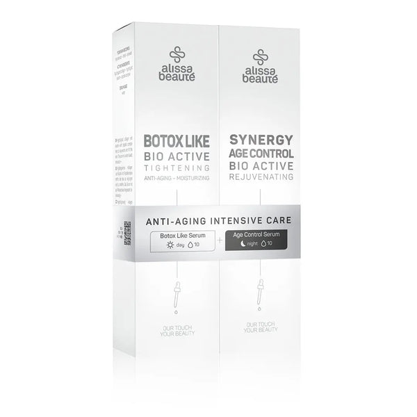 Set intens anti‑aging zi & noapte | Anti‑aging Intensive Care | 50 ml + 50 ml Conține două seruri concentrate: Ser Anti-Riduri (zi) + Synergy Age Control (noapte). Stimulează colagenul, netezește ridurile și oferă fermitate Alissa Beaute