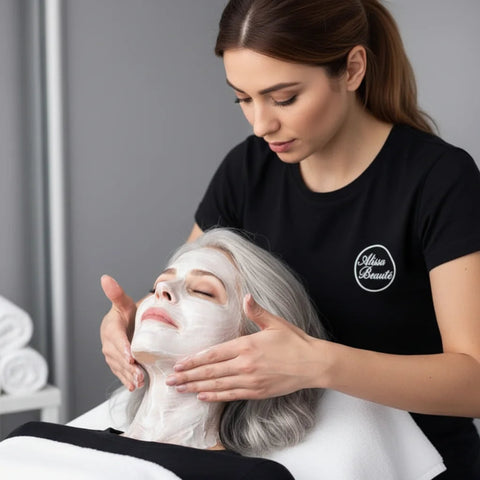 estetician efectuând masaj facial lifting cu Fillift Massage Mask 3in1 Alissa Beauté, mișcări ascendente de la bărbie spre tâmple. Tehnică de remodelare facială cu efect V-shape, protocol UPLIFT salon.