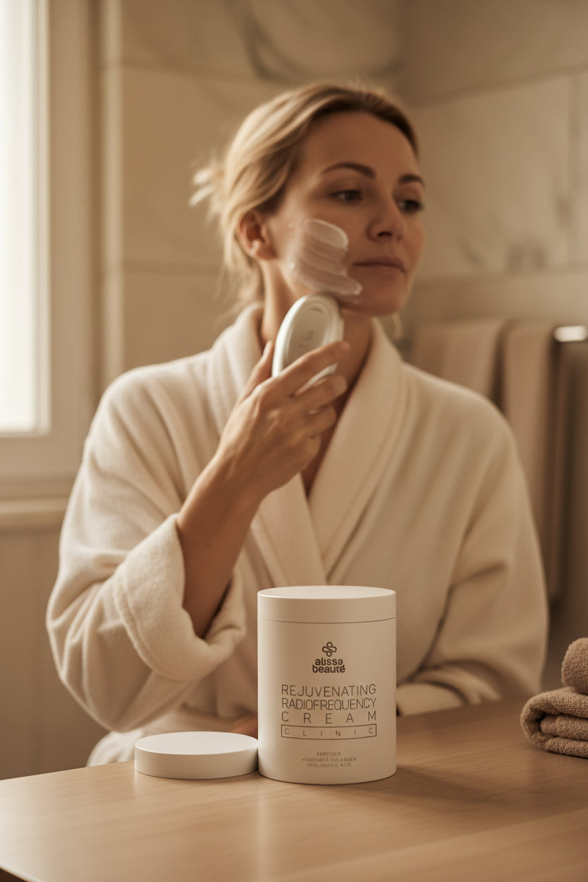 Rejuvenating Radiofrequency Cream Alissa Beauté 500 ml în baie, iar în fundal o femeie folosește un aparat de radiofrecvență
