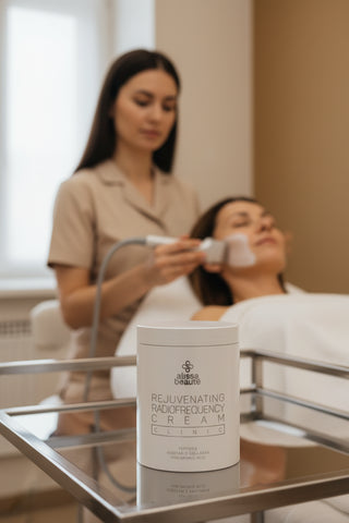 Rejuvenating Radiofrequency Cream Alissa Beauté 500 ml în cabinet, iar în fundal o cosmeticiană lucrează cu aparatul de radiofrecvență