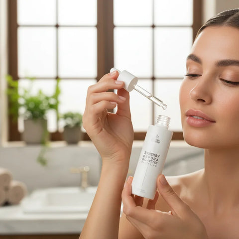 femeie aplicand Ser concentrat anti-acnee cu uleiuri esențiale de cimbru, melissa și lămâie. Acțiune antibacteriană, calmantă și purifiantă, aplicare locală - Alissa Beaute