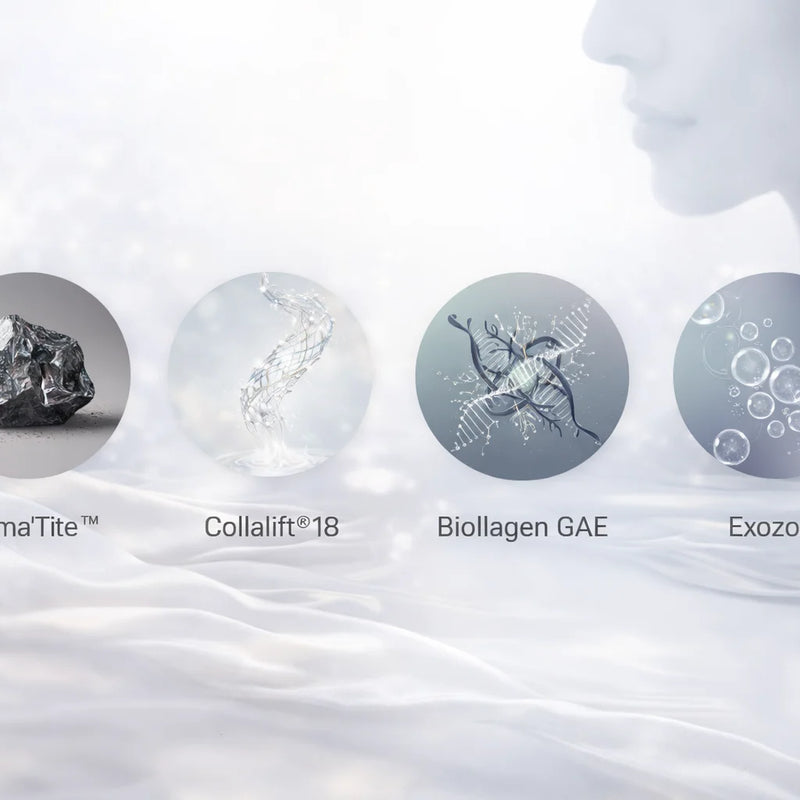 imagine cu cele 4 ingrediente active din gama uplift alissa beaute hematita, collalift 18, biollagen, exozomi
