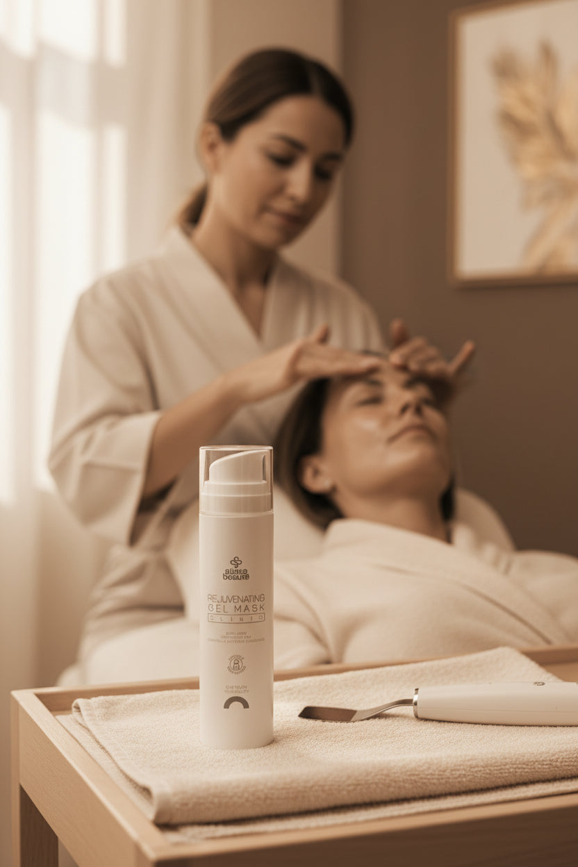 Rejuvenating Gel Mask Alissa Beauté 200 ml pe căruciorul de cabinet, iar în fundal cosmeticiana întinde masca gel