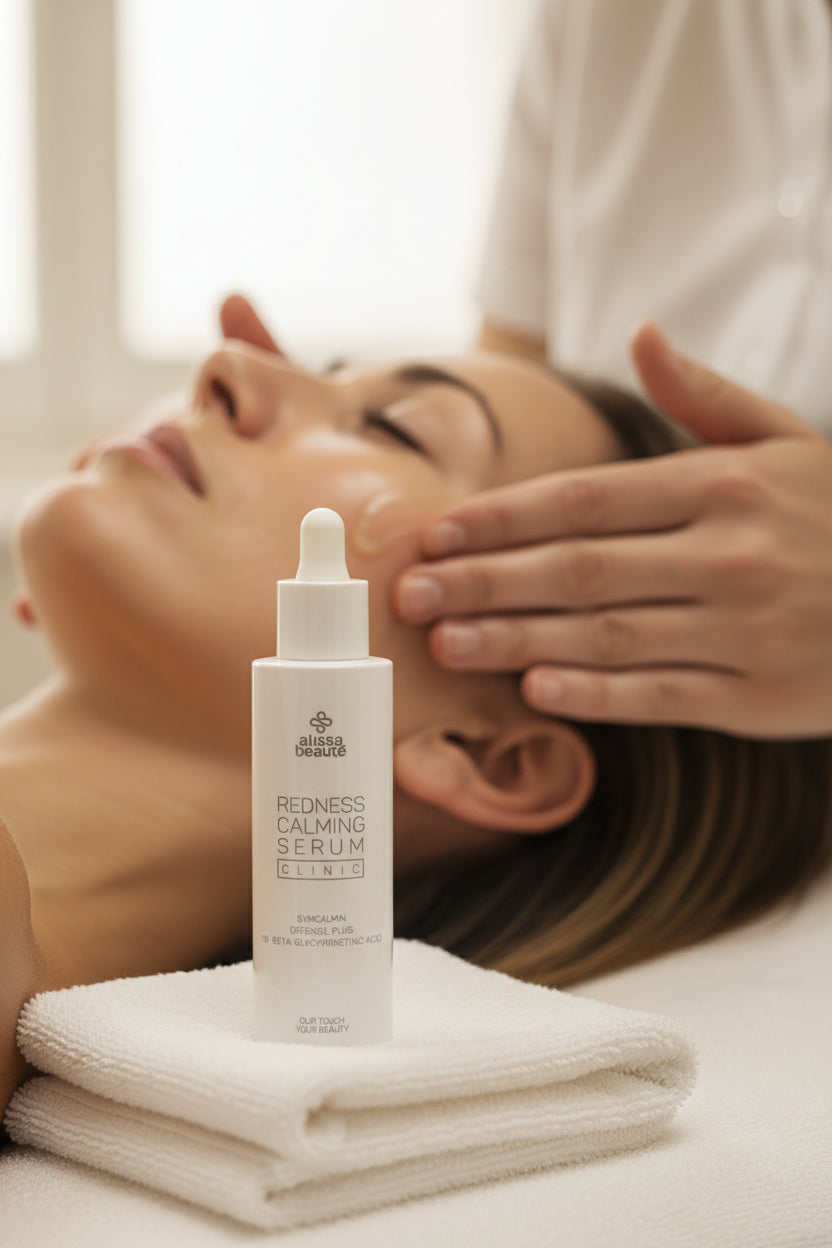 Redness Calming Serum Alissa Beauté 50 ml lângă patul de tratament, iar în fundal cosmeticiana aplică serul pe fața clientei