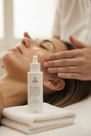 Redness Calming Serum Alissa Beauté 50 ml lângă patul de tratament, iar în fundal cosmeticiana aplică serul pe fața clientei