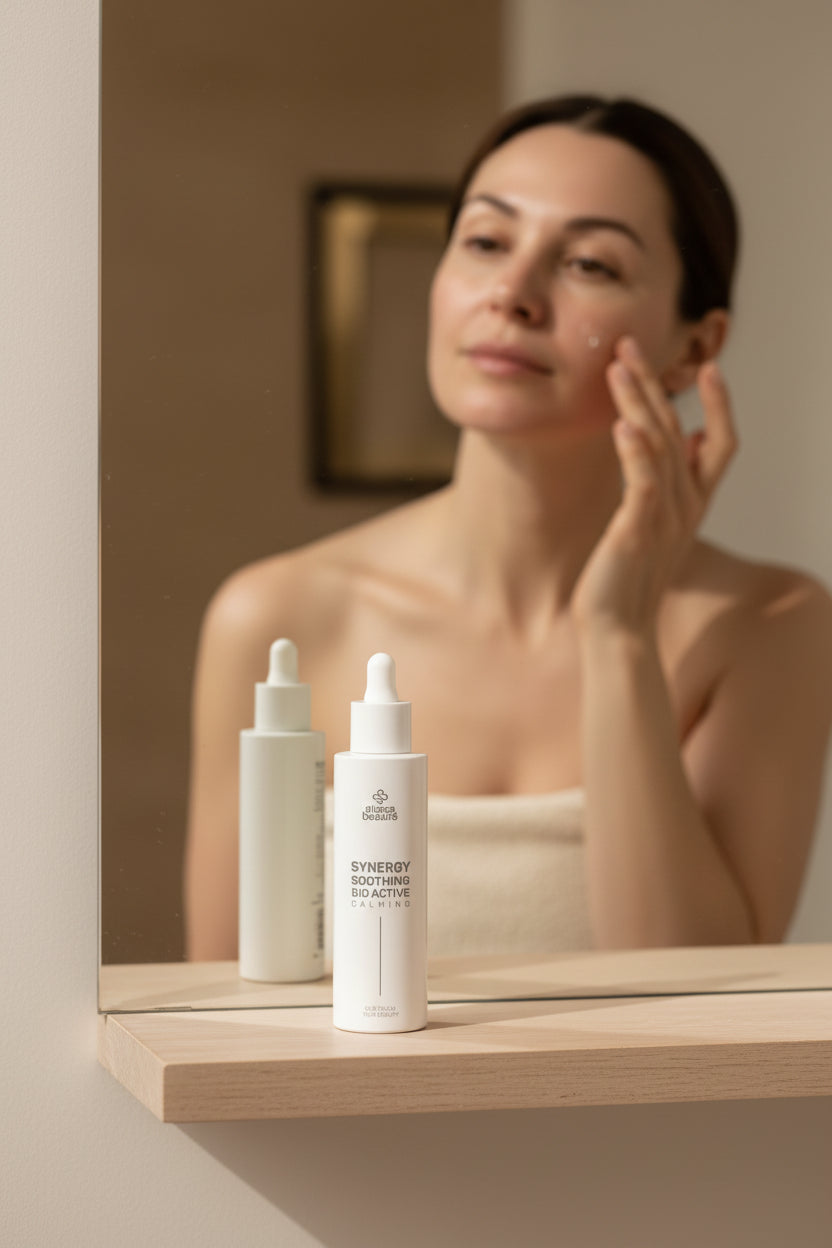 Synergy Soothing Alissa Beauté 50 ml pe raftul din baie, iar în fundal o femeie aplică serul calmant pe pometi