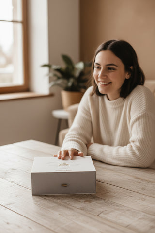 Setul cadou Essential basic Alissa Beauté pe masa din living, iar în fundal o femeie tânără zâmbește lângă cutie
