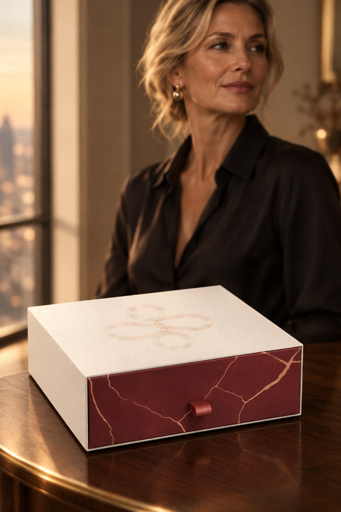 Setul cadou Radiance Alissa Beauté pe o măsuță întunecată, iar în fundal o femeie elegantă stă lângă fereastră seara