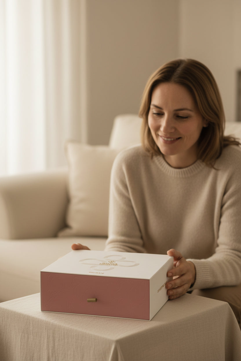 Setul cadou Delicate Alissa Beauté pe o măsuță, iar în fundal o femeie cu ten deschis și ușor înroșit privește spre cutie