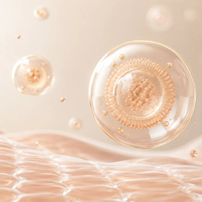 Picătură transparentă de ser cosmetic pe suprafață de apă, cu bule fine și reflexii aurii, în tonuri crem și piersică