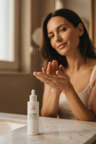 Plumping Dry Oil Alissa Beauté 50 ml în baie, iar în fundal o femeie încălzește câteva picături de ulei între palme